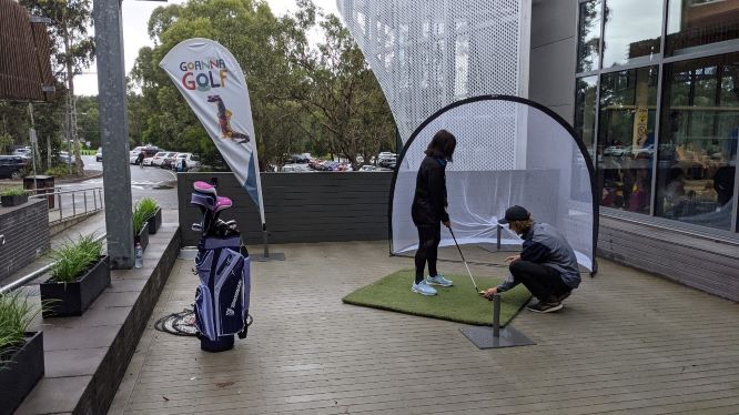 ‘Come and Try’ golf practice net set up outside Eltham Leisure Centre