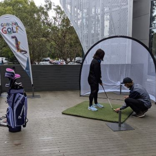 ‘Come and Try’ golf practice net set up outside Eltham Leisure Centre
